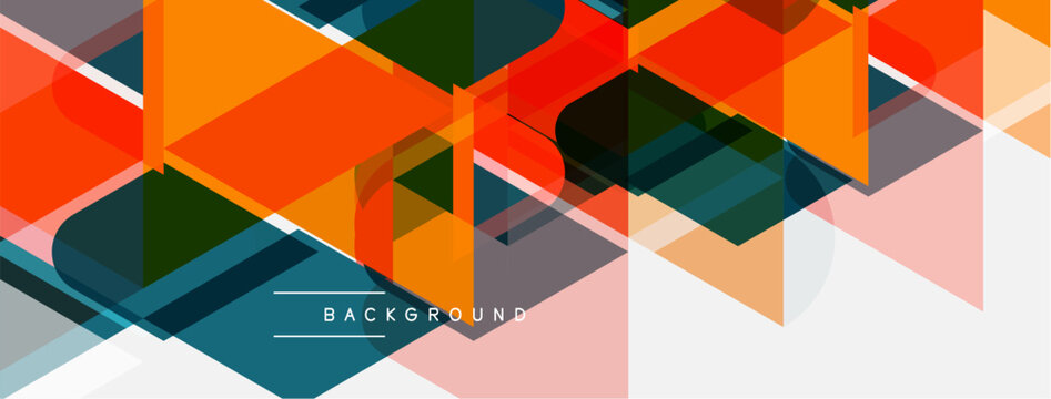 Abstract geometric pattern. Overlapping shapes create dynamic visual texture. Orange, red, teal dominate composition. Minimalist design.