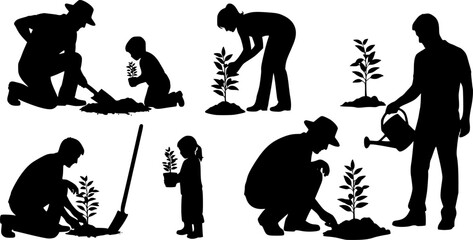 Naklejka premium Silhouette of people planting trees various poses set collection. Family gardening and planting trees outdoor different poses silhouette set.