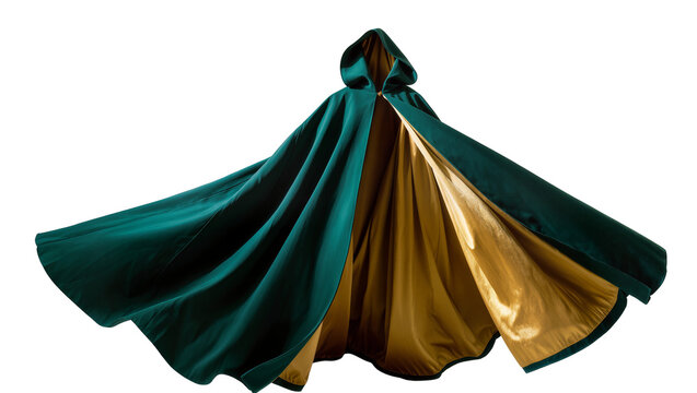 Emerald green hooded cloak with golden lining flowing dramatically, isolated on transparent background