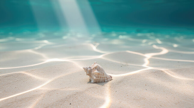 A single seashell resting on the white sandy bottom of a clear shallow ocean with sunlight rays filtering through the turquoise water creating light patterns