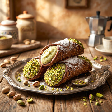 Premium Sicilian cannoli with creamy ricotta and pistachio filling, scattered nuts on an elegant tray