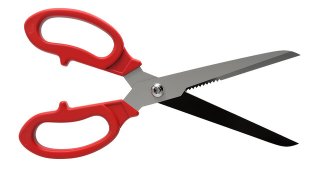 Red handled metal scissors with serrated blade, isolated on transparent background