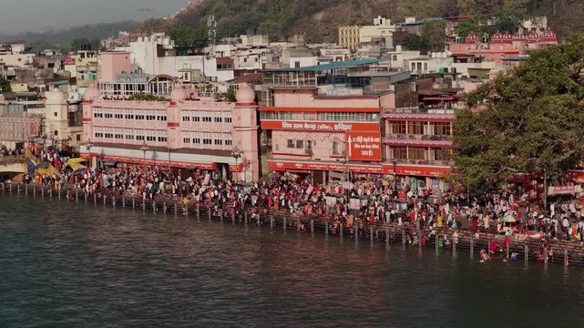 Drone view of people at haridwar market, 4k 60 fps 