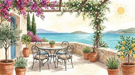 Fototapeta premium Sunny mediterranean patio with a pergola, dining set, potted olive and lemon trees, and bougainvillea, overlooking the blue sea under a bright sun