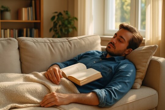 A man naps on cozy beige couch with an open book on his chest in a warmly lit living room filled with sunlight and books.