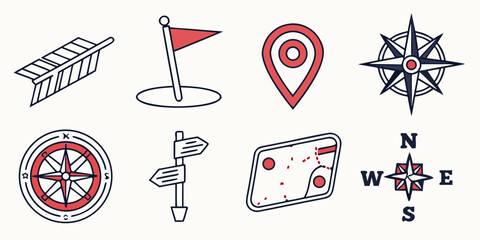 Linear navigation icons featuring compass map signpost flag location pin and direction arrow navigation signpost location direction wayfinding orientation destination position exploration © RABBY