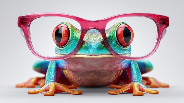 A vibrant red-eyed tree frog wearing stylish pink glasses, looking smart
