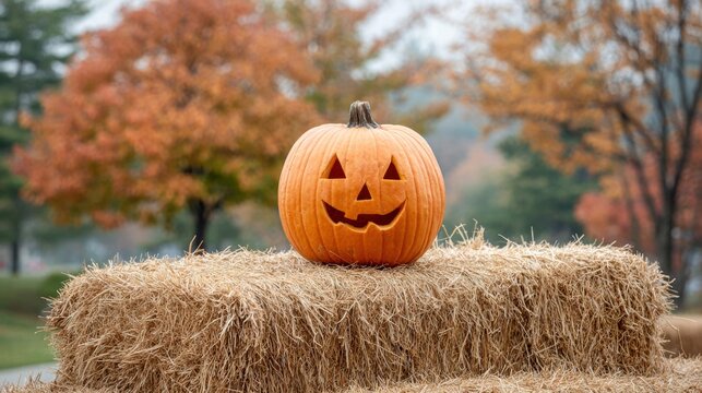 A carved pumpkin sits atop a hay bale, ready for Halloween festivities.