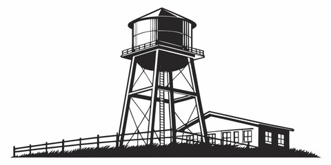 Farmstead water tower silhouette with barn and fence silhouette building landscape structure industrial countryside illustration isolated architecture farmstead landmark construction © RABBY