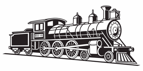 Vintage steam engine train vector graphic illustration with a clean black and white vector illustration of a vintage steam train engine locomotive railroad transport illustration silhouette © RABBY
