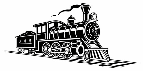 Classic steam locomotive vector illustration depicting antique train engine on rails with locomotive transportation railroad illustration transport traveling steampunk mechanical industry © RABBY