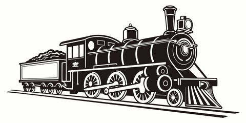 Vintage steam train engine with coal car graphic vector illustration locomotive railroad transportation transport illustration steampunk mechanical industry technology movement logotype © RABBY