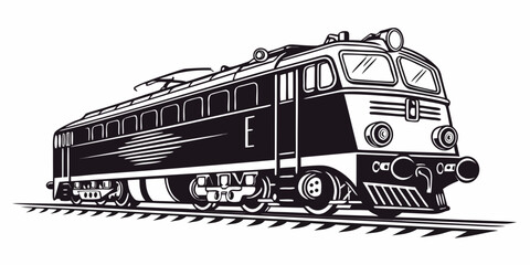 Vintage locomotive engine side view black and white illustration with locomotive railroad transport illustration silhouette monochrome industrial transportation engineering isolated movement © RABBY