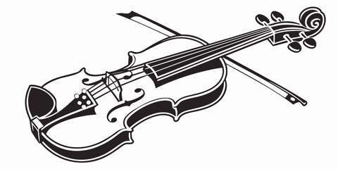 Stylized violin and bow black and white graphic illustration with instrument classical orchestra symphony artistic illustration silhouette performance audition creative isolated decoration © RABBY