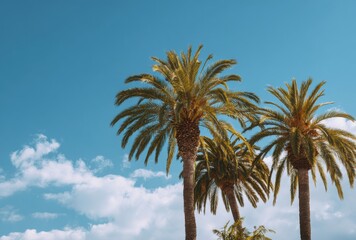 Obraz premium Vibrant Palm Trees Against a Clear Blue Sky with Wispy Clouds