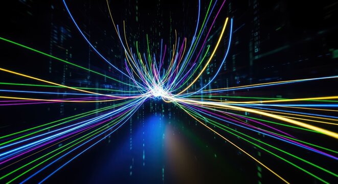 Abstract light trails converge in a futuristic digital network.