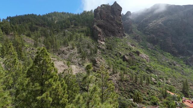Aerial view of Caminito Roque Nublo with steep rocky slopes and lush pine forests under a cloudy sky in La Culata, Canarias, Spain.