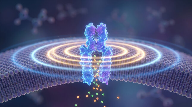 Cell membrane glucose transport protein entering receptor lipid bilayer ion channel. Glucose entering cell via transport protein across lipid bilayer with receptor signaling membrane surface