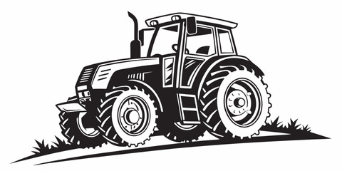Black and white stylized graphic of a heavy agricultural tractor standing in a field with agriculture machinery equipment cultivation illustration silhouette industrial transport countryside © RABBY