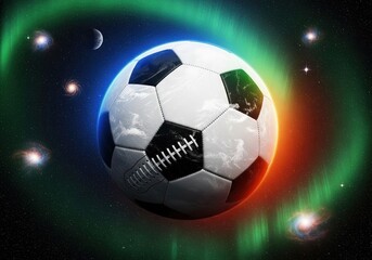 Naklejka premium futuristic soccer ball glowing in cosmic space with vibrant neon light effects