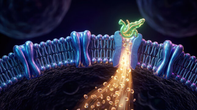 Glucose cell membrane protein channel transporter molecule entering cell 3d render Glucose entering cell through protein channel across cell membrane transporter molecule movement shown detailed