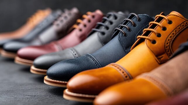 Stylish leather boots in various colors arranged in a row on a dark surface