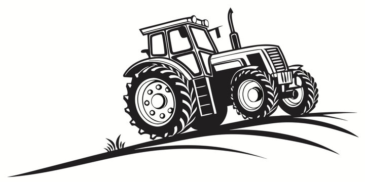 Detailed black and white vector illustration of an agricultural tractor in a field with agriculture machinery equipment agribusiness industrial illustration silhouette isolated cultivation