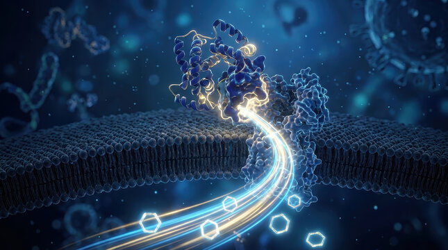 Glucose cell membrane transporter protein entering molecule biology biochemistry 3D render Glucose entering cell through membrane transporter protein with glowing molecule path scientific biology