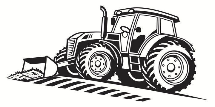Black and white illustration of a front loader tractor clearing soil in a field with agriculture machinery construction equipment industrial illustration silhouette isolated earthmoving