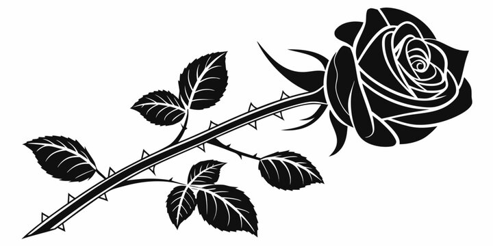 Elegant black rose vector illustration with thorned stem and leaves silhouette illustration botanical romantic isolated decoration monochrome ornamental creative background minimalist