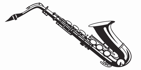 Simple stylized monochrome vector graphic of an alto saxophone with saxophone instrument illustration woodwind silhouette classical performance entertainment monochrome isolated creative © RABBY