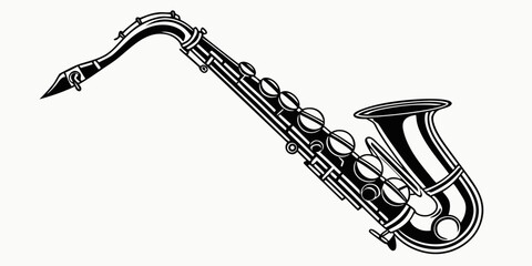 Stylized vector graphic of an alto saxophone with saxophone instrument illustration woodwind silhouette classical performance entertainment monochrome isolated creative composition © RABBY