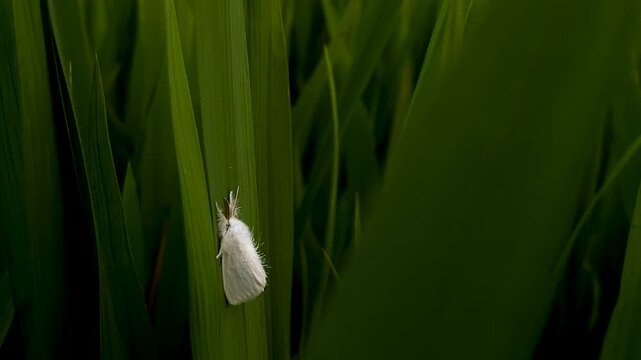 Small white moth clinging to a vibrant green leaf in a lush field