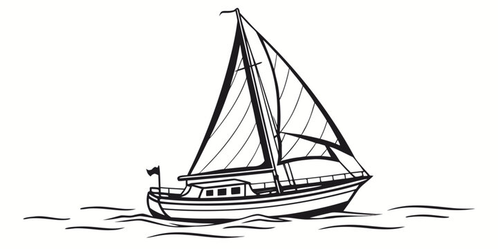Black and white vector drawing of a small single masted sailing vessel on ocean waves with sailboat nautical maritime illustration monochrome isolated adventure transport transportation