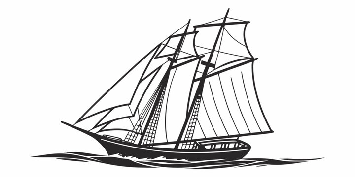 Black and white vector illustration of a classic two masted sailing ship on waves with nautical schooner maritime illustration monochrome isolated adventure transport transportation template