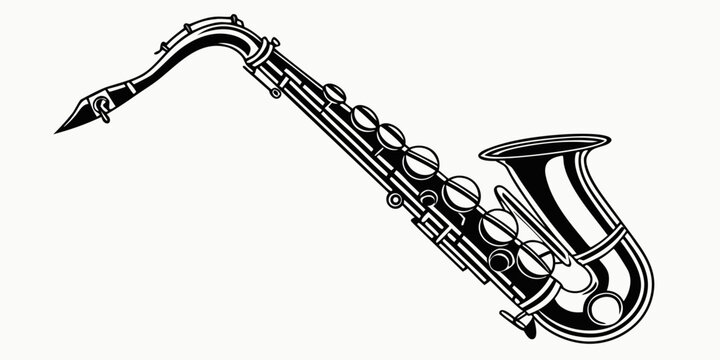 Stylized vector graphic of an alto saxophone with saxophone instrument illustration woodwind silhouette classical performance entertainment monochrome isolated creative composition