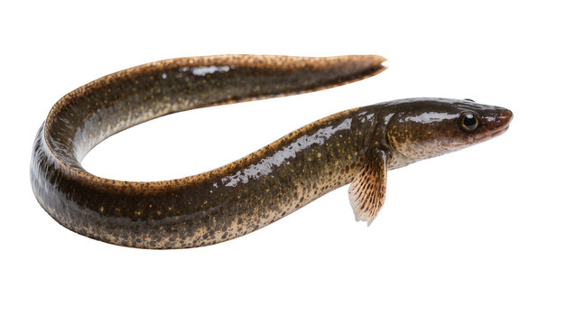 Small brown eel with speckled skin, isolated on transparent background