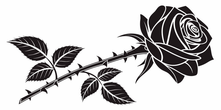 Black and white silhouette of a long stemmed rose with sharp thorns and leaves on a plain white background silhouette botanical valentine illustration decorative isolated romantic symbolic