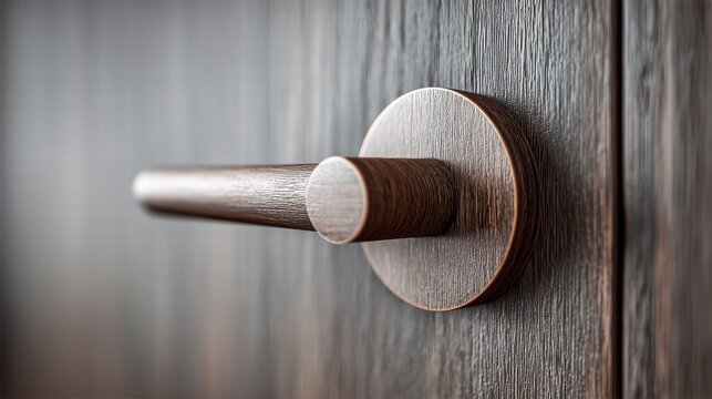 Wooden door handle with a circular backplate in close-up view.