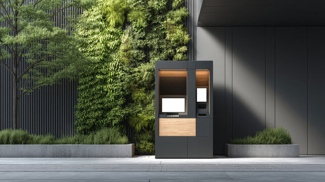 Modern outdoor self service kiosk with blank display in architectural plaza. Smart city mockup concept for advertising, ticket machine, payment terminal, branding, and interactive information screen.