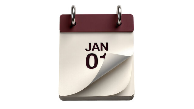 Tear-off desk calendar showing January 1st, isolated on transparent background