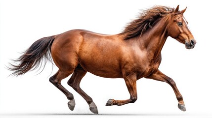Obraz premium A beautiful brown horse running fast with a flowing mane against a white background