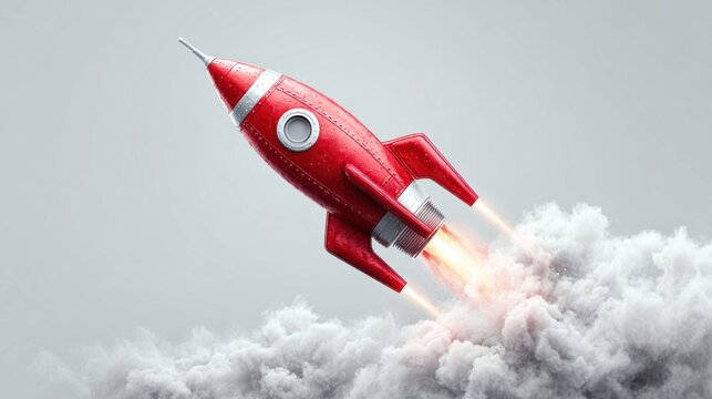Red rocket ship blasting off into the sky, leaving a trail of smoke behind
