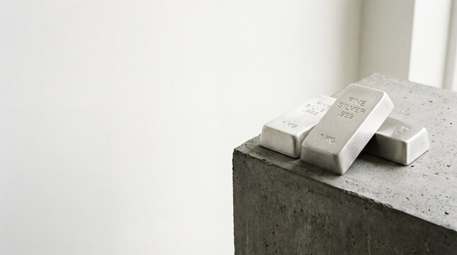 Three fine silver bars resting on a concrete block against white wall