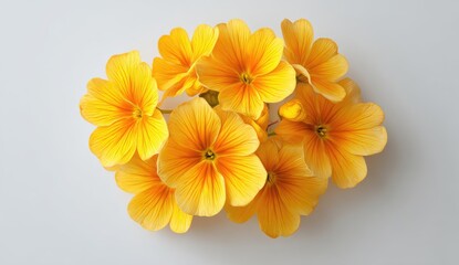 Fototapeta premium Vibrant Yellow Primrose Flowers With Orange Centers On A White Background Studio Shot