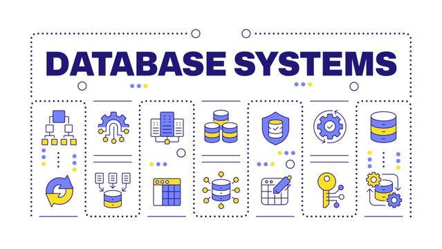 Database systems word concept isolated on white. Cloud infrastructure, data organization. Creative illustration banner surrounded by editable line colorful icons. Hubot Sans font used