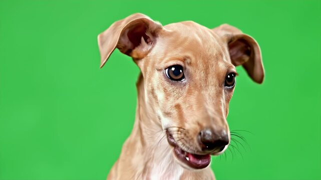 Close-Up View of a Cute Whippet Puppy with Expressive Eyes Against a Bright Green Background