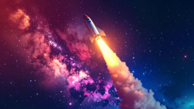 Rocket launch into outer space with colorful nebulae and shining stars, symbolizing ambition and exploration.