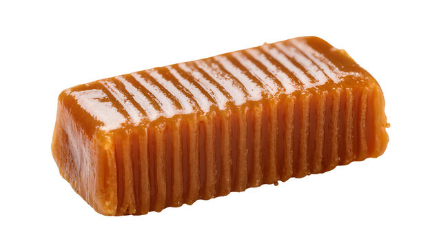 Rectangular caramel candy with ribbed texture, isolated on transparent background