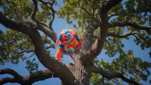 Colorful Pi?ata Hanging from Majestic Oak Tree Branches on Sunny Day